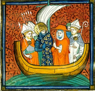 Council on board ship, from Chroniques de France ou de St Denis, 14th century (22528511880). Free illustration for personal and commercial use.