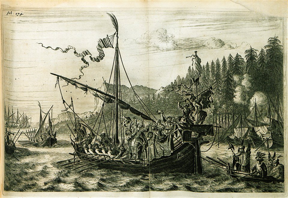 Cozak chief Stenka Razin throws the Russian princess he had married into the Volga, as related in the folk legend - Struys Jan Janszoon - 1681