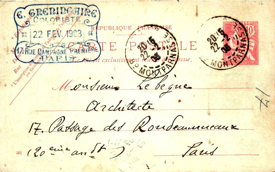 CP avec adresse d'Emile Greningaire