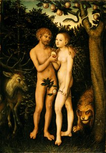 Lucas Cranach d.Ä. - Adam und Eva im Paradies (1531, Gemäldegalerie, Berlin). Free illustration for personal and commercial use.