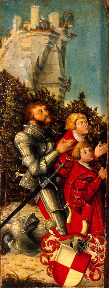 Lucas Cranach d.Ä. (zugeschr) - Stifterbildnis eines Ritters mit seinen beiden Söhnen (Eremitage, Sankt Petersburg)