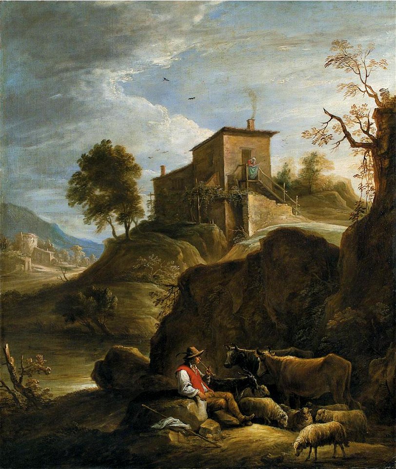 David Teniers II - A pastoral landscape with a herdsman playing a pipe near a waterfall