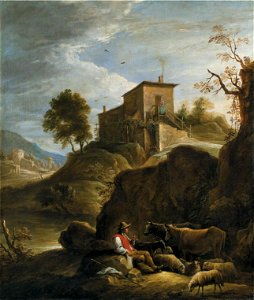 David Teniers II - A pastoral landscape with a herdsman playing a pipe near a waterfall