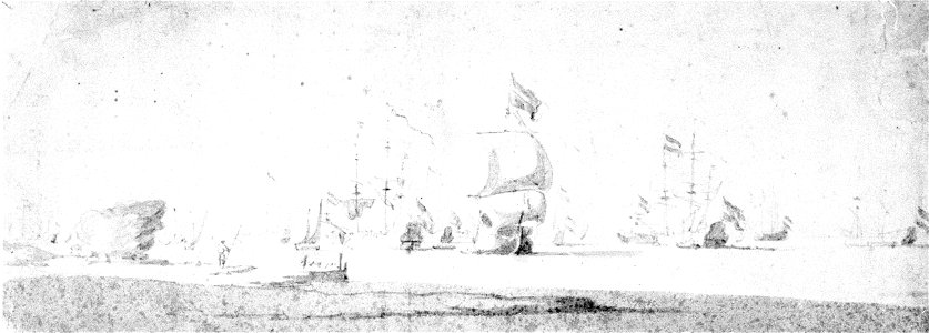 De Ruyter's Voyage to Bergen, autumn 1665. A Dutch flagship under way and other ships at anchor near the shore RMG PW6786