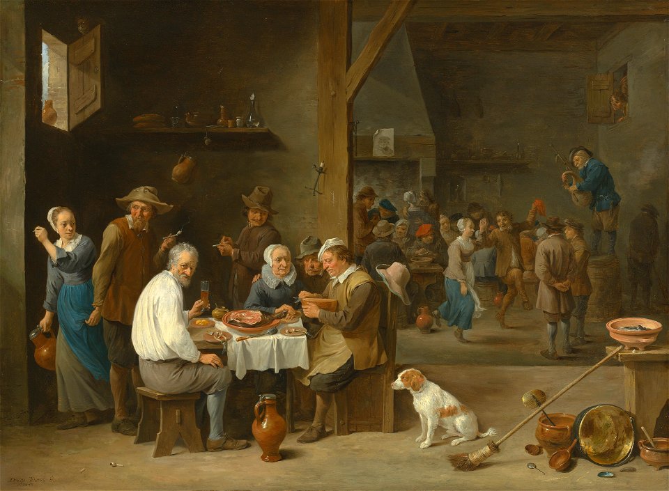 David Teniers II - Le dejeuner jambon. Free illustration for personal and commercial use.