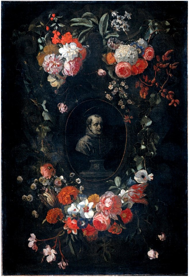 David Teniers II, Gualterus Gysaerts - Flower garland surrounding the portrait of Hieronymus van Weert, martyr of Gorkum