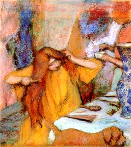 Degas - Woman in a Yellow Robe Combing Her Hair, circa 1894. Free illustration for personal and commercial use.