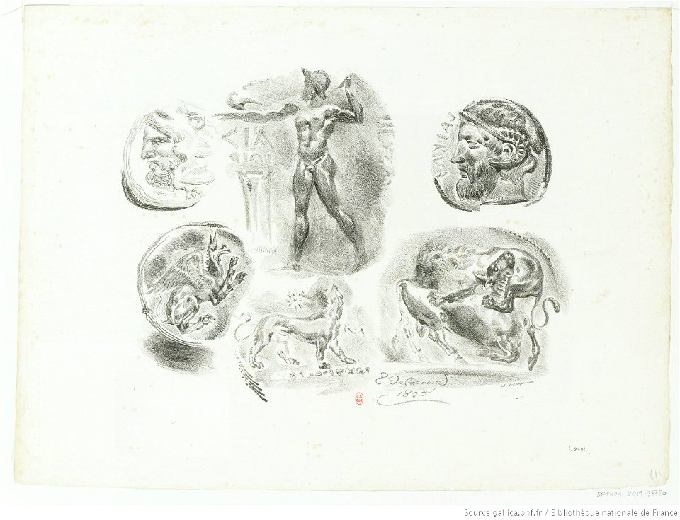 Delacroix - Feuille de six médailles antiques, 2e état, btv1b10029697h