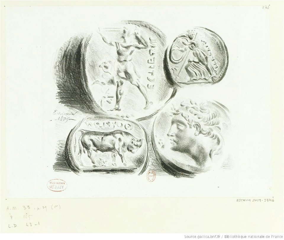 Delacroix - Feuille de quatre médailles antiques, 1er état, btv1b10029693q