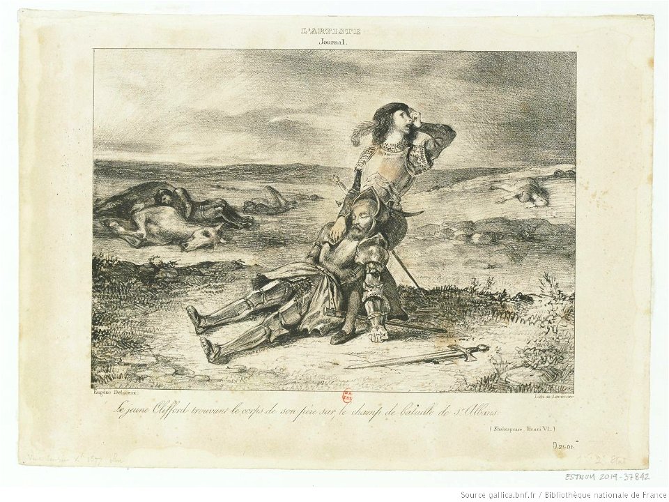 Delacroix - Le jeune Clifford trouvant le corps de son père sur le champ de bataille de S.t Albans, btv1b10029819v
