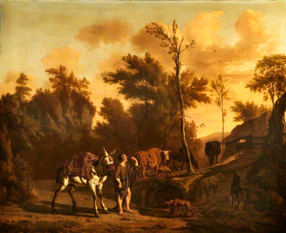 Dirck van den Bergen (1645^-1690) - Landscape with a Herdsman Leading a Staling Mule, a Goat, Dog, Cattle and Sheep - 1140162 - National Trust