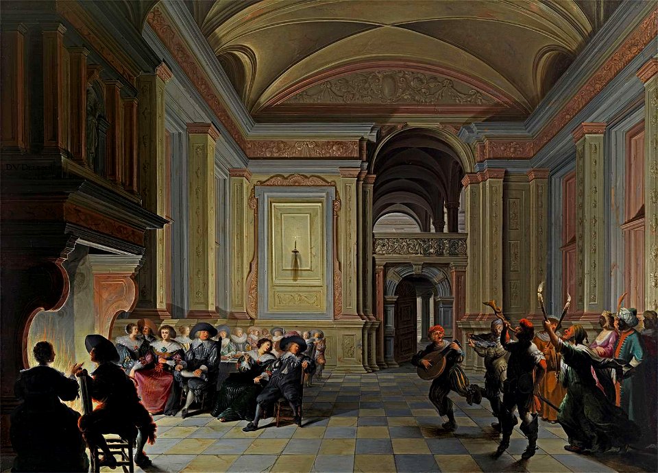 Dirck van Delen - A palatial interior with ladies and gentleman feasting, entertained by Carnival mummers