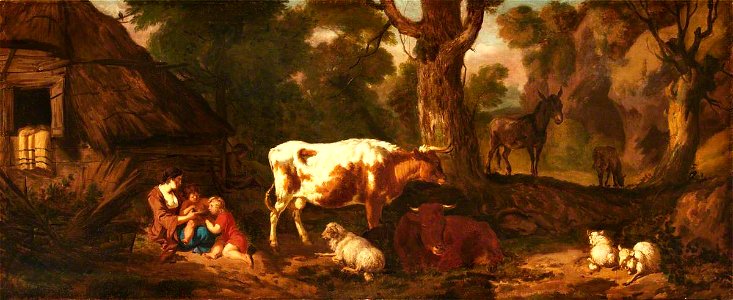 Dirck van den Bergen (1645^-1690) - A Mother with Two Children, Two Cows, Sheep, and an Ass, in a Clearing outside a Cottage - 1140020 - National Trust
