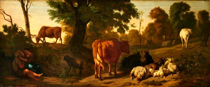 Dirck van den Bergen (1645^-1690) - Landscape with Cattle, Sheep, a Horse, a Goat and a Courting Couple of Rustics - 1140160 - National Trust