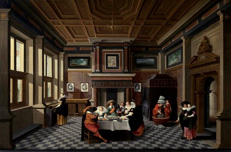Dirck van Delen - An Interior with Ladies and Gentlemen Dining - WGA6278