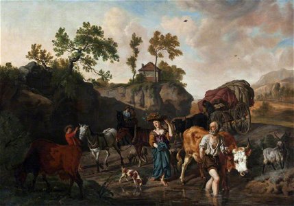 Dirck van den Bergen (1645^-1690) - Landscape with an Old Herdsman and Young Market Girl Fording a Stream Followed by Two Horse-and-Carts with Grooms - 1139667 - National Trust
