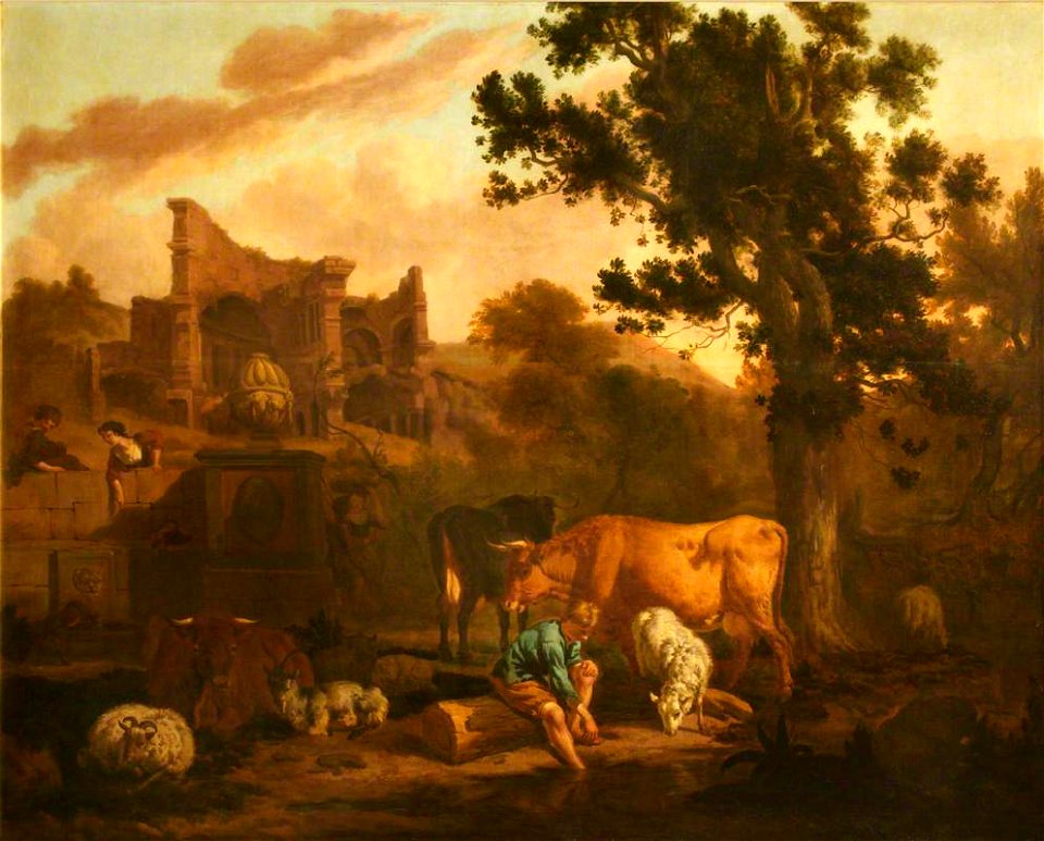 Dirck van den Bergen (1645^-1690) - Landscape with Ruins, a Tomb, Herdsfolk, Sheep and Goats - 1140015 - National Trust