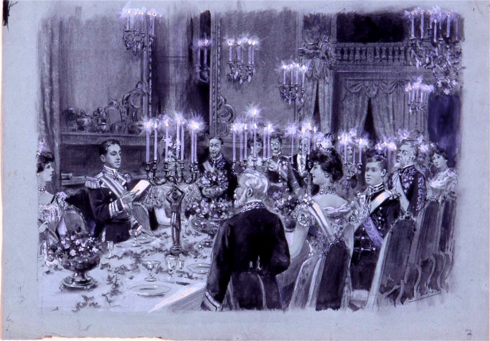 Discurso Alfonso XIII en el palacio de Ajuda, Dec. 1903, RABASF, painting by Mariano Pedrero