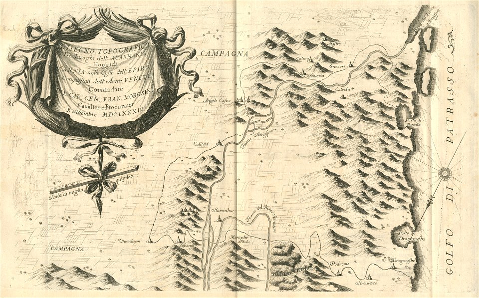 Disegno topograficode luoghi dell'Acarnania hoggidi Carnia nelle coste dell'Epiro conquistati dall'Armi Venete comandate - Coronelli Vincenzo - 1687