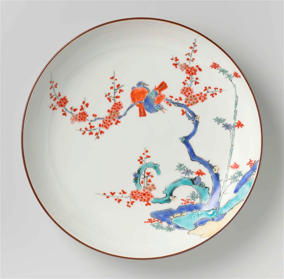Dish with rocks, bamboo, prunus and birds