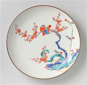 Dish with rocks, bamboo, prunus and birds