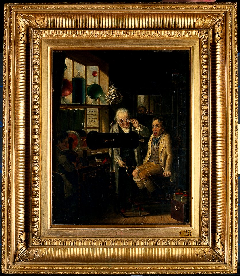 Dispensing of medical electricity. Oil painting by Edmund Br Wellcome V0048057