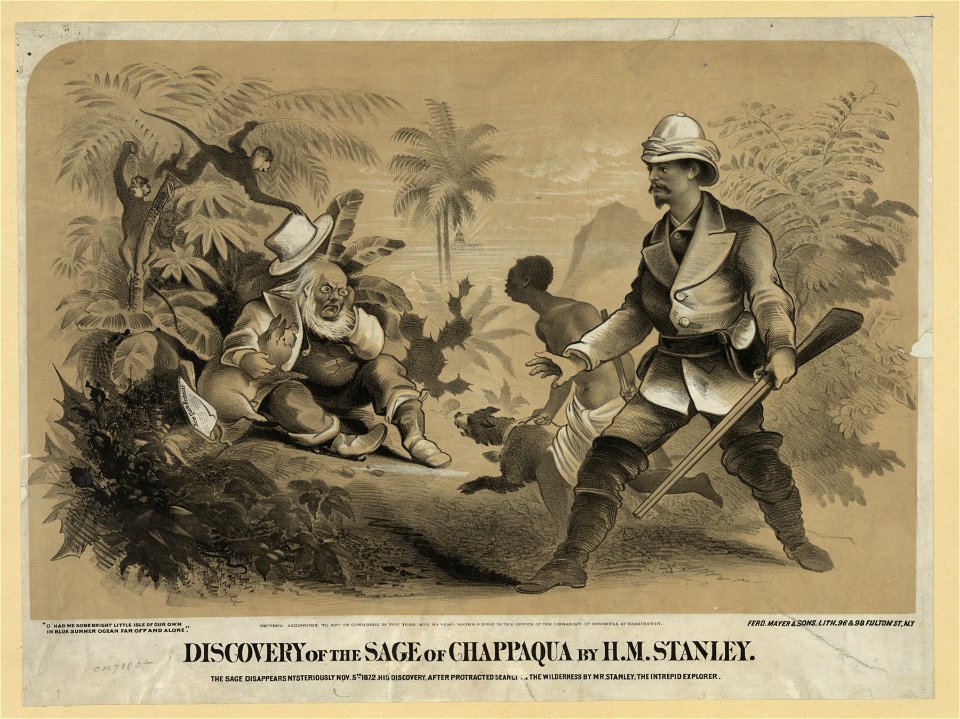 Discovery of the Sage of Chappaqua by H.M. Stanely. The Sage disappears mysteriously Nov. 5th 1872. His discovery, after protracted search of the wilderness by Mr. Stanley, the intrepid LCCN2003690770