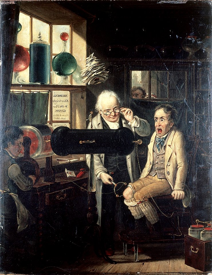 Dispensing of medical electricity. Oil painting by Edmund Br Wellcome L0007159