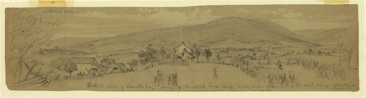 Distant view of Emmettsburg (sic), scene of the rebel horse raid; Union soldiers following up the rebel army LCCN2004660009