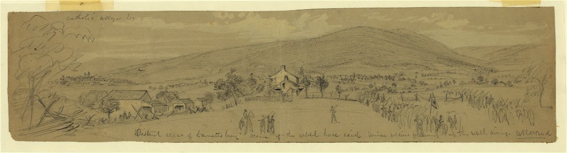 Distant view of Emmettsburg (sic), scene of the rebel horse raid; Union soldiers following up the rebel army LCCN2004660009