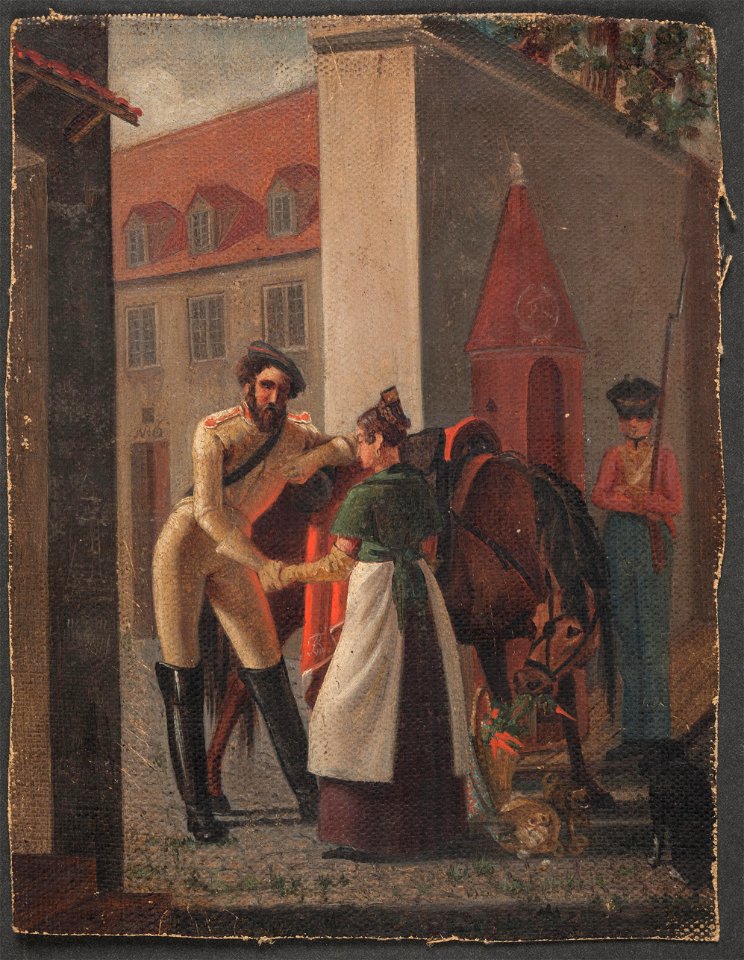 Ditlev Blunck - Gadescene. En kavalerist tager afsked med en pige - KKSgb13563 - Statens Museum for Kunst