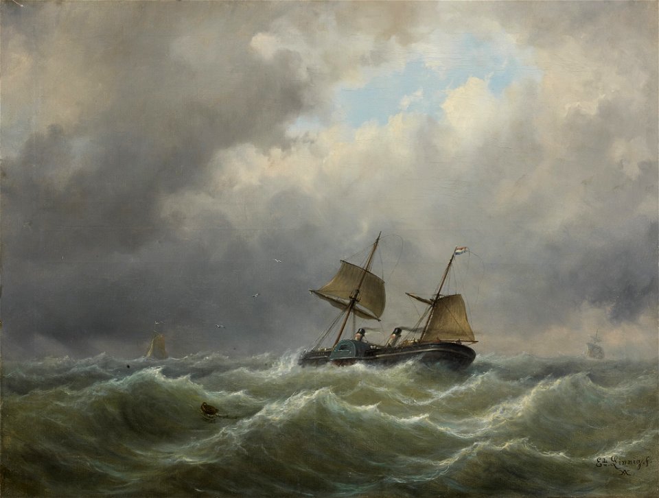 Egide Linnig - A paddle wheel steamer with auxiliary sail power on a stormy sea