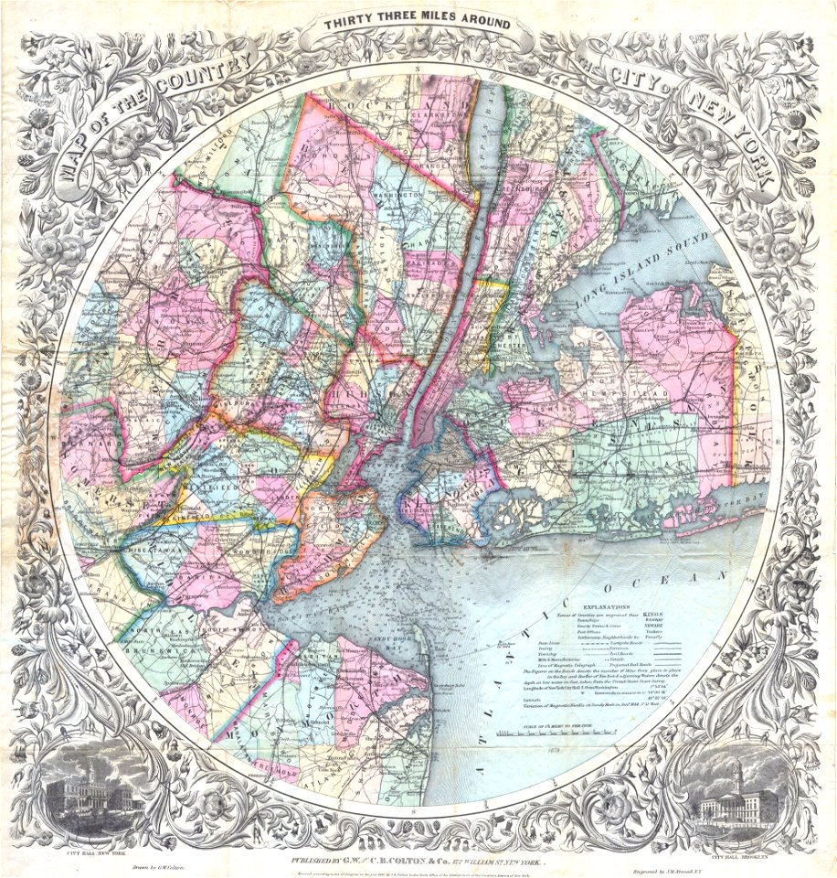 1846 - 1879 Colton Map of New York City ^ Vicinity (33 Miles Around) - Geographicus - NYC33Miles-colton-1879