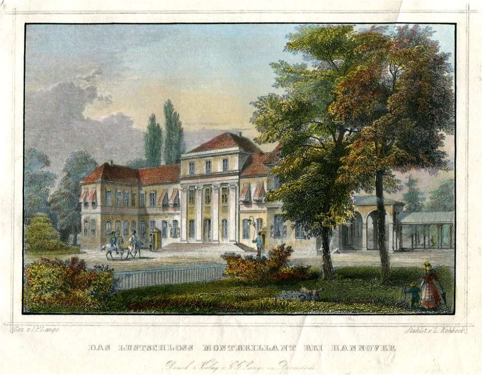1850 circa Johann Friedrich Lange Stahlstich nach Ludwig Rohbock, Das Lustschloss Montbrillant bei Hannover, koliriert, Blattausschnitt 1