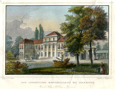 1850 circa Johann Friedrich Lange Stahlstich nach Ludwig Rohbock, Das Lustschloss Montbrillant bei Hannover, koliriert, Blattausschnitt 1