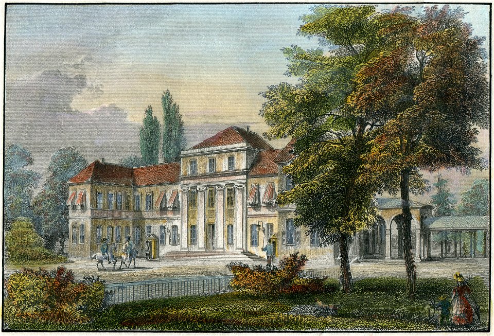 1850 circa Johann Friedrich Lange Stahlstich nach Ludwig Rohbock, Das Lustschloss Montbrillant bei Hannover, koliriert, Blattausschnitt 2