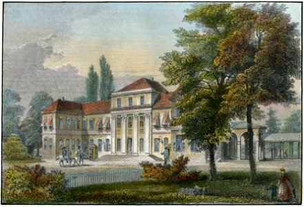 1850 circa Johann Friedrich Lange Stahlstich nach Ludwig Rohbock, Das Lustschloss Montbrillant bei Hannover, koliriert, Blattausschnitt 2