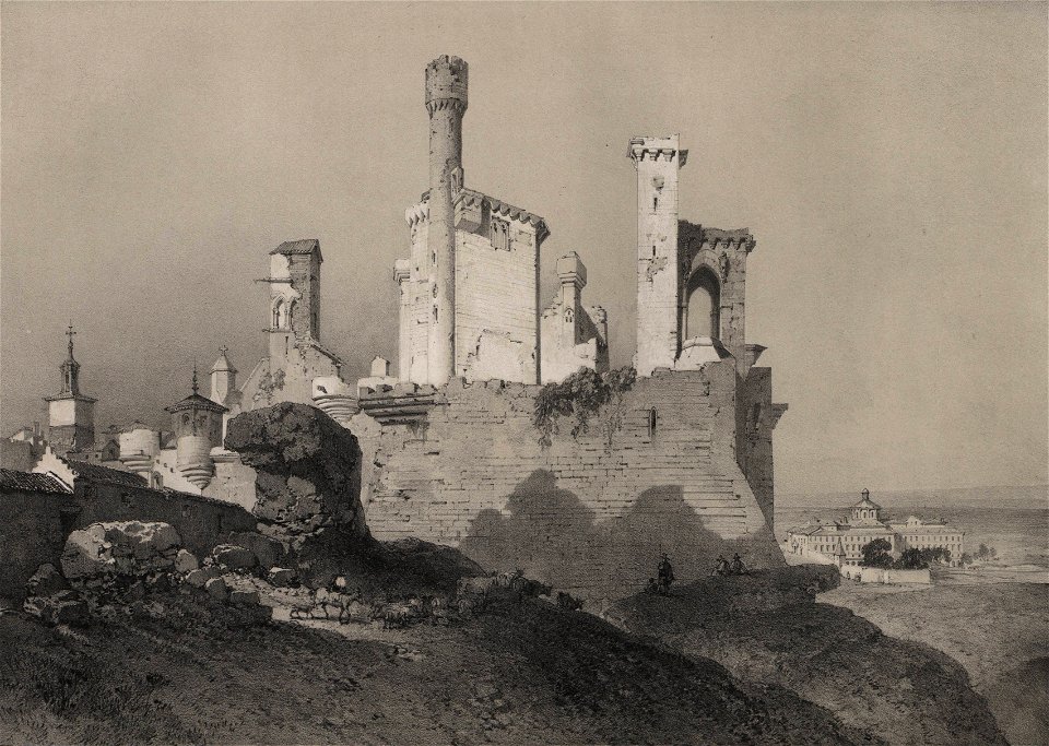 1850, España artística y monumental, vistas y descripción de los sitios y monumentos más notables de españa, vol 3, El palacio de Olite (cropped)