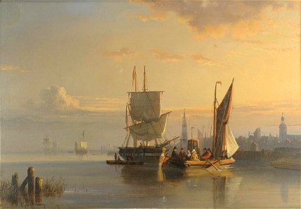 Egidius Linnig – European harbor scene with two ships
