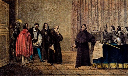 1853, Los mártires de la libertad española, vol I, Entrevista de Acuña y la Chancillería de Valladolid en Villabrágima (cropped)