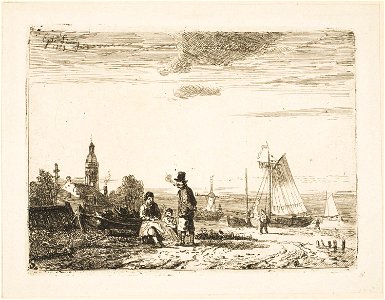 Egide Linnig - Beach Scene with Seated Figures and Smoking Man