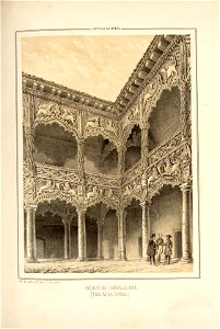 1853, Recuerdos y bellezas de España, Castilla la Nueva, tomo II, Palacio de Guadalajara, patio de los leones. Free illustration for personal and commercial use.