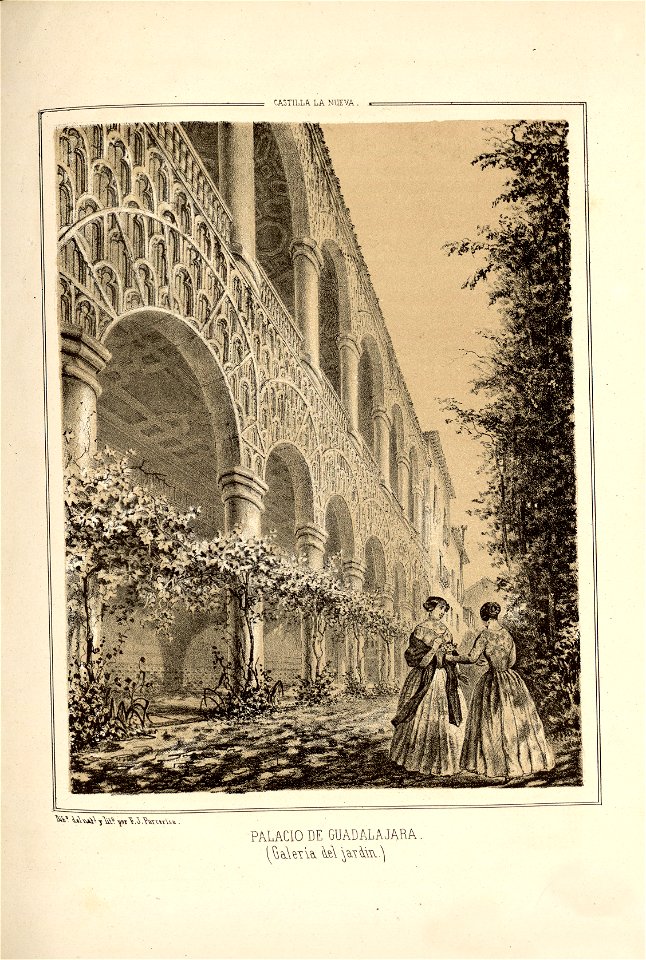 1853, Recuerdos y bellezas de España, Castilla la Nueva, tomo II, Palacio de Guadalajara, galería del jardín