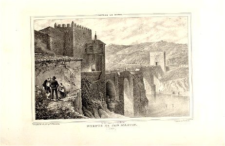 1853, Recuerdos y bellezas de España, Castilla la Nueva, tomo I, Puente de San Martín, Toledo. Free illustration for personal and commercial use.