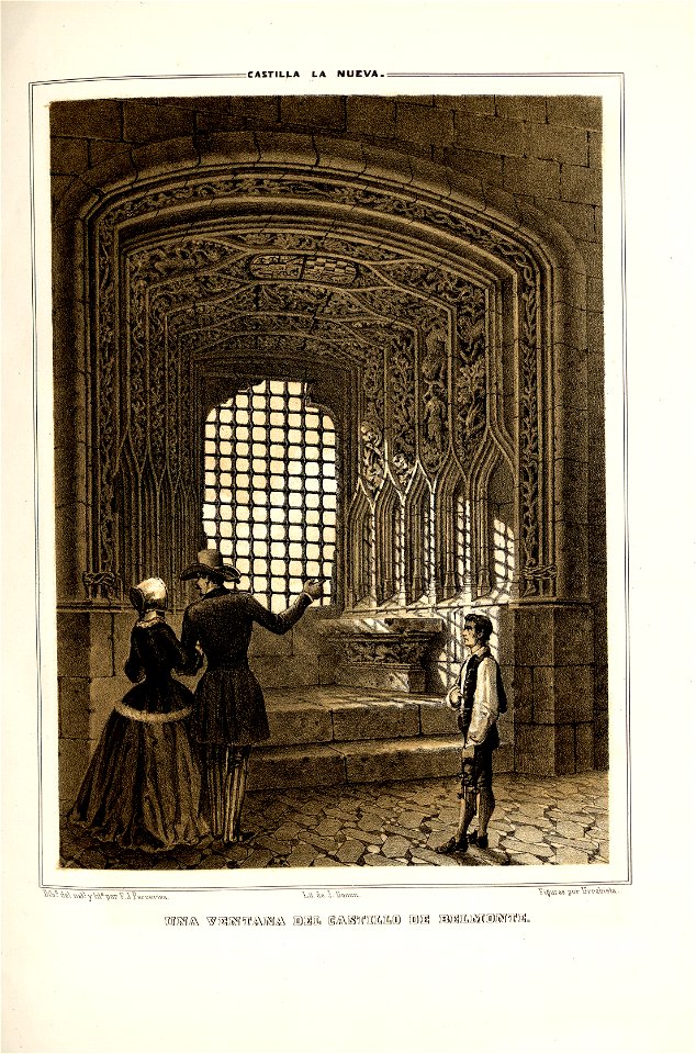 1853, Recuerdos y bellezas de España, Castilla la Nueva, tomo II, Una ventana del castillo de Belmonte. Free illustration for personal and commercial use.