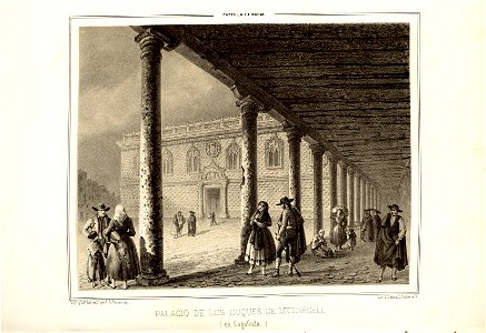 1853, Recuerdos y bellezas de España, Castilla la Nueva, tomo II, Palacio de los Duques de Medinaceli, en Cogolludo. Free illustration for personal and commercial use.