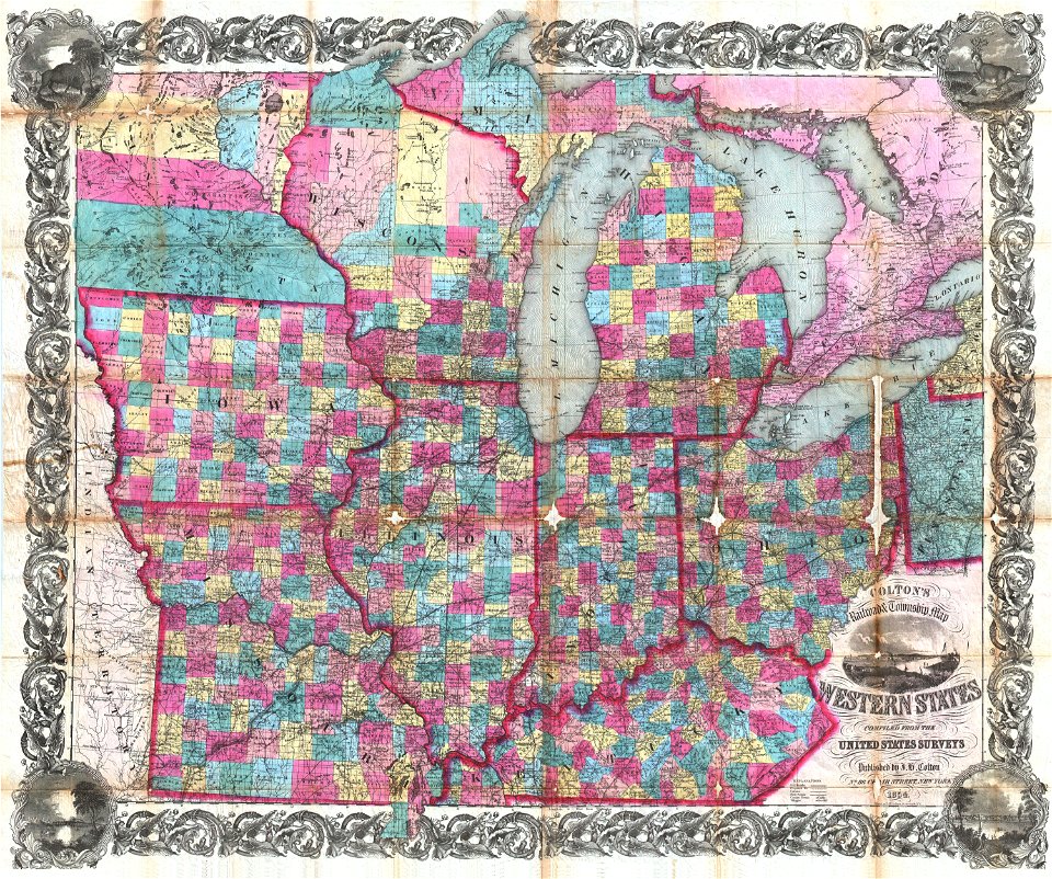 1854 Colton Pocket Map of Ohio, Michigan, Wisconsin, Iowa, Illinois, Missouri, Indiana and Kentucky - Geographicus - WesternStates-colton-1854