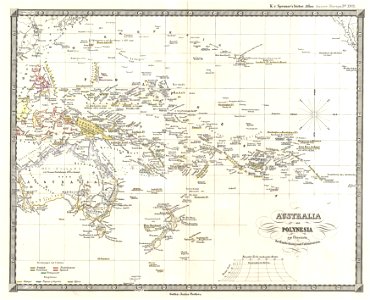 1855 Spruner Map of Australia and Polynesia with an overview of Discoveries and Colonization - Geographicus - AustraliaPolynesia-spruner-1855