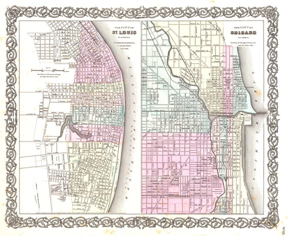 1855 Colton Plan or Map of Chicago, Illinois and St. Louis, Missouri - Geographicus - StLouisChicago-colton-1855