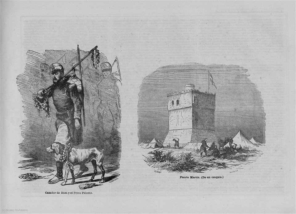 1860, Álbum de la guerra de África, Cazador de Baza y el Perro Palomo, Fuerte Martin (De un croquis)